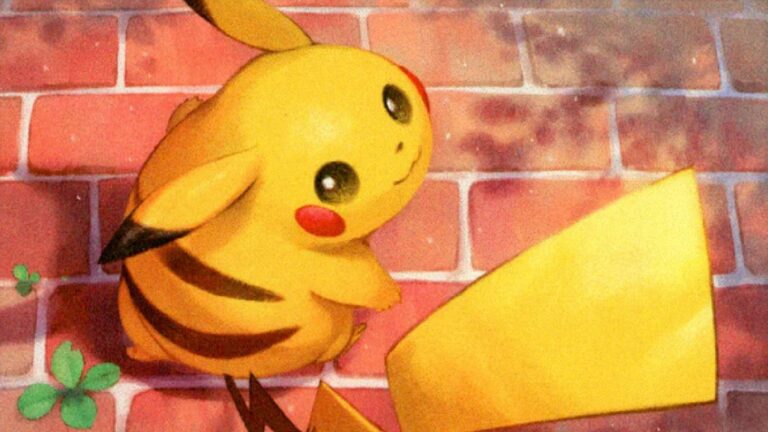 Pikachu illustrato in stile pittorico mentre guarda verso l’alto su uno sfondo di mattoni rosati.