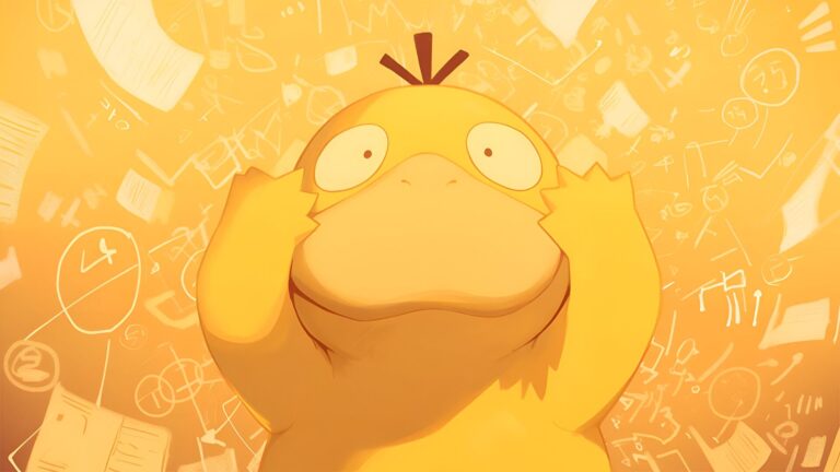 Illustrazione di Psyduck confuso su sfondo giallo, in stile digitale, perfetta per articoli su Pokémon Pocket
