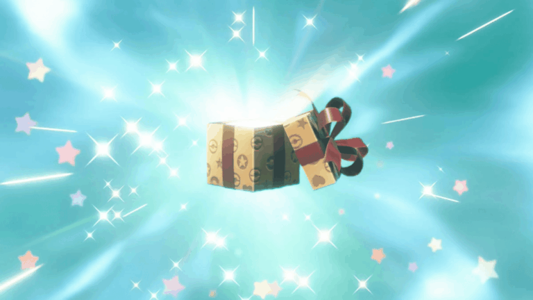 Pacco regalo dorato del Dono Segreto che si apre con un bagliore luminoso in Leggende Pokémon Z-A.