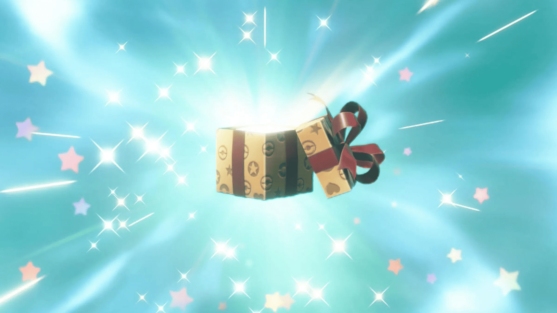 Pacco regalo dorato del Dono Segreto che si apre con un bagliore luminoso in Leggende Pokémon Z-A.