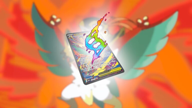 Carta di Mega Hawlucha‑ex in stile illustrato, con mantellina e maschera dorata, in posa da lotta — Pokémon TCG.