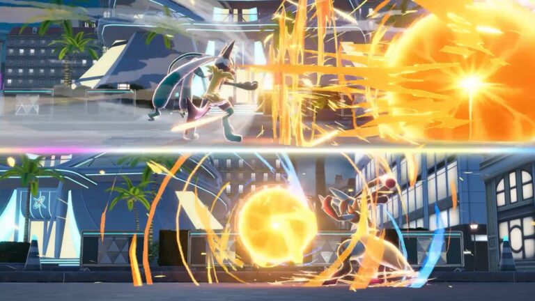 MegaLucario Z mentre colpisce MegaLucario, con attacchi visibilmente più potenti e energia avvolgente intorno al corpo.