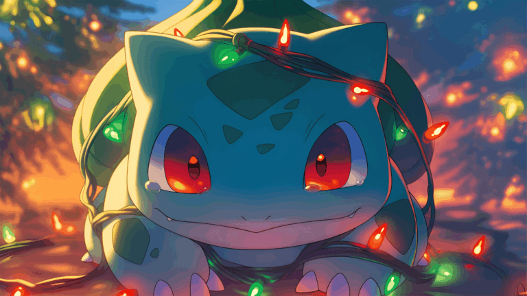 Bulbasaur avvolto da luci di Natale multicolore con lo sguardo dolce e festivo, sfondo sfocato.