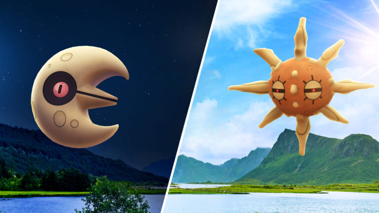 Lunatone e Solrock su sfondo cielo notturno e giorno per evento Ricerca Celestiale di Pokémon GO