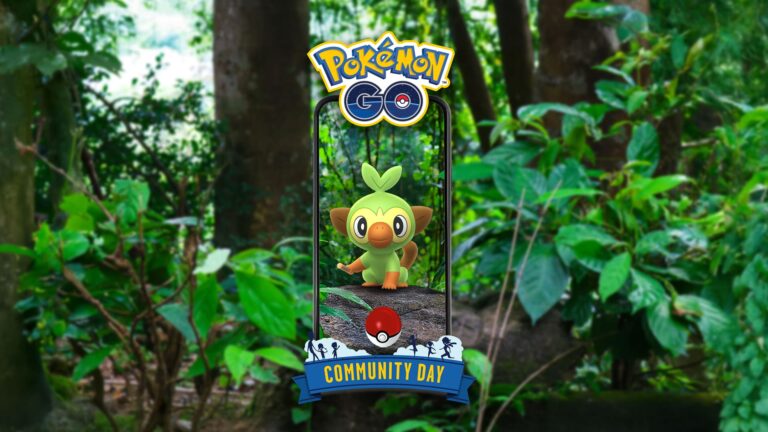 Grookey in foresta su smartphone con logo Pokémon GO e scritta Community Day