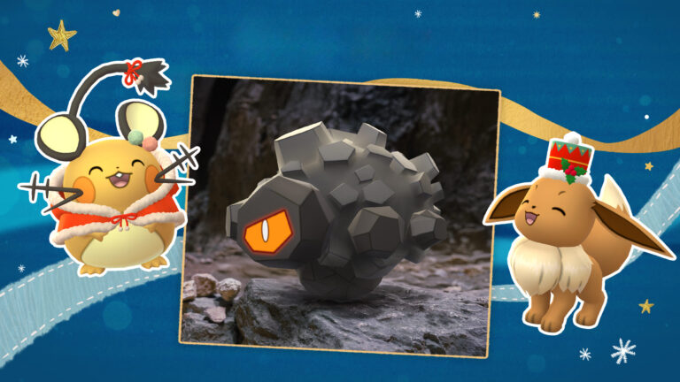 Logo Pokémon GO su sfondo invernale con decorazioni festive, neve e luci natalizie