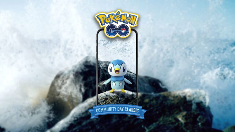 Piplup in Pokémon GO davanti allo sfondo dell’evento Community Day Classico