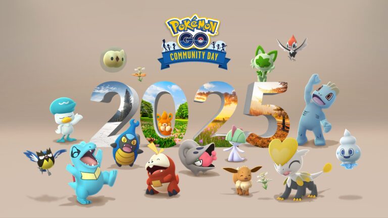 Artwork promozionale del Community Day dicembre 2025 di Pokémon GO con Totodile, Eevee e altri Pokémon protagonisti dei Community Day 2025 in posa dinamica e colorata, con il logo “2025” al centro.