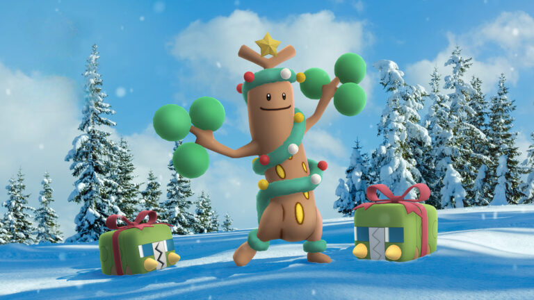 Sudowoodo festivo al centro su neve con alberi innevati, affiancato da due Charjabug‑regalo.