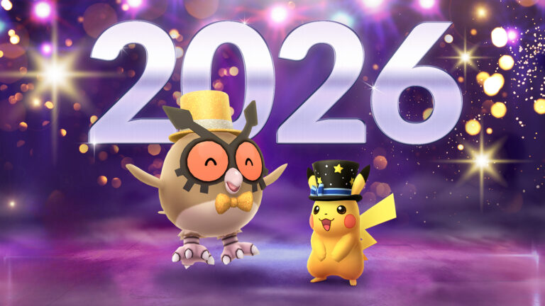 Pokémon con costume festivo Pikachu e Hoothoot celebrano l'evento Pokémon GO Capodanno 2026 davanti a fuochi d'artificio.