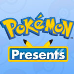 Il logo blu e giallo di Pokémon Presents su uno sfondo azzurro decorato con sagome di Poké Ball, con le orecchie di Pikachu che spuntano dal riquadro inferiore.
