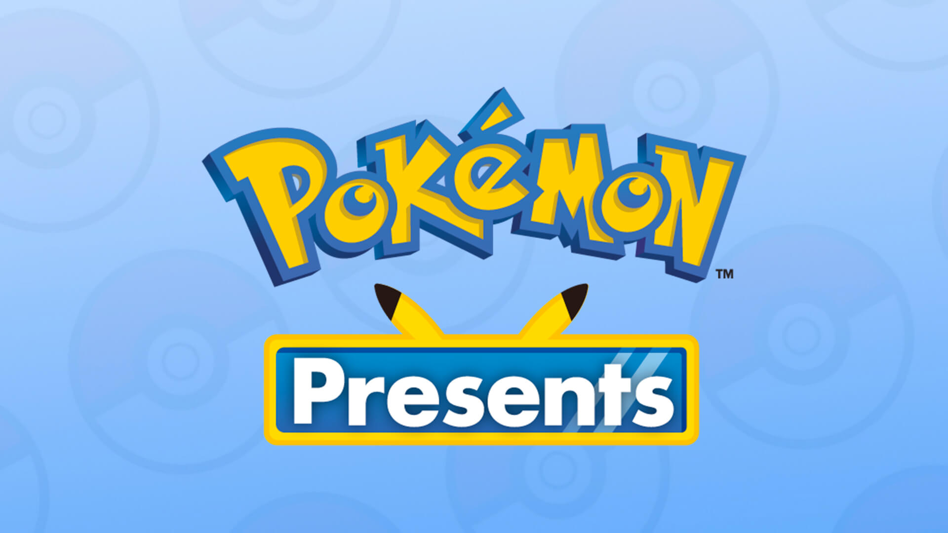 Il logo blu e giallo di Pokémon Presents su uno sfondo azzurro decorato con sagome di Poké Ball, con le orecchie di Pikachu che spuntano dal riquadro inferiore.