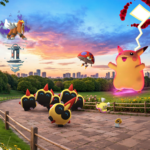 Artwork di Pokémon GO con Falinks, Pikachu Dynamax, Entei Ombra e Orbeetle in un parco al tramonto per la stagione Ricordi in Movimento.