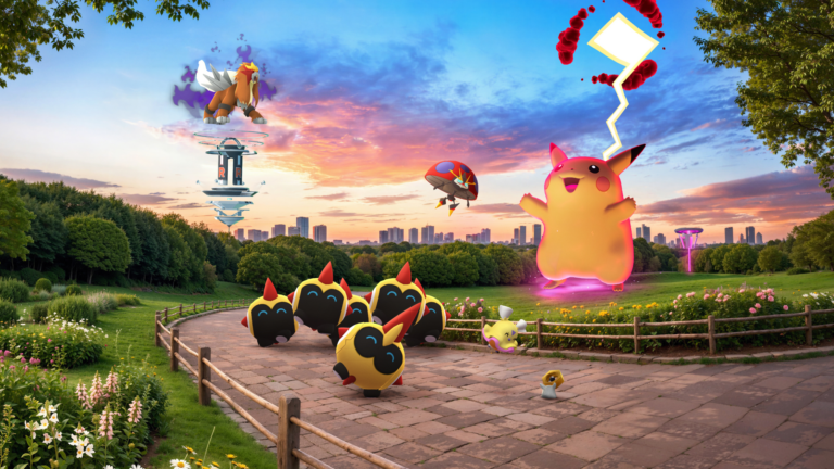 Artwork di Pokémon GO con Falinks, Pikachu Dynamax, Entei Ombra e Orbeetle in un parco al tramonto per la stagione Ricordi in Movimento.