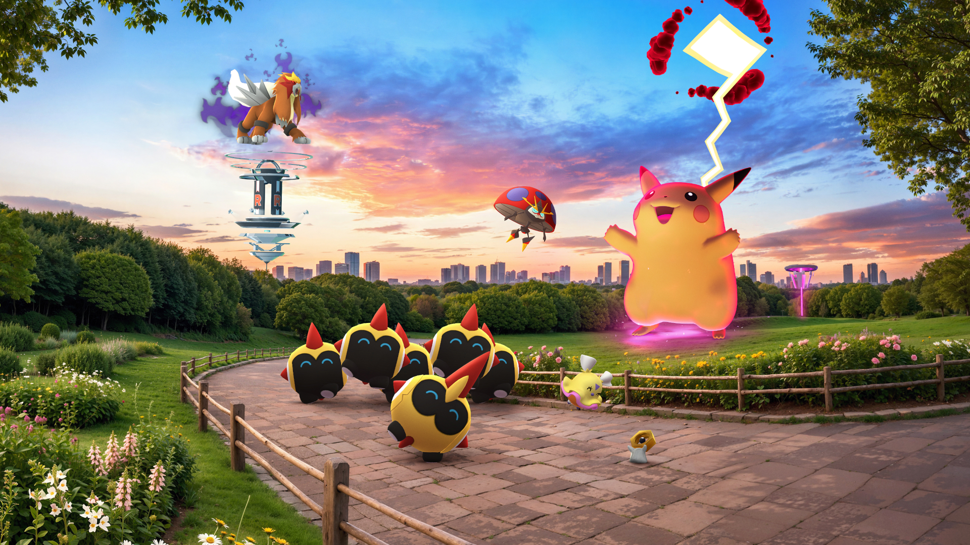 Artwork di Pokémon GO con Falinks, Pikachu Dynamax, Entei Ombra e Orbeetle in un parco al tramonto per la stagione Ricordi in Movimento.