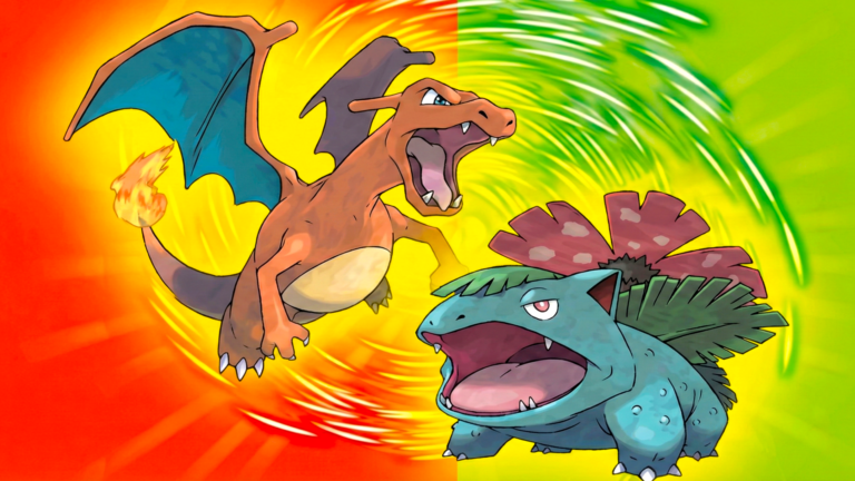 Illustrazione ufficiale che mostra i Pokémon Charizard e Venusaur su uno sfondo diviso tra rosso e verde, copertina dei giochi Pokémon Rosso Fuoco e Verde Foglia per Game Boy Advance in arrivo su Switch.