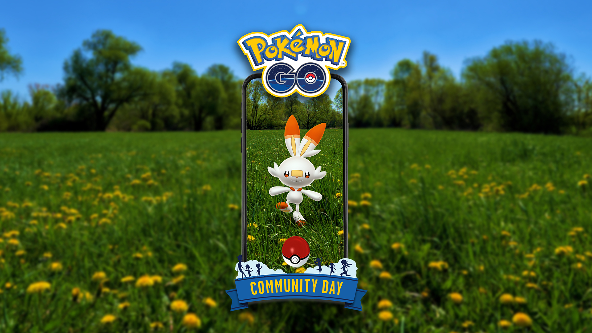 Scorbunny appare sullo schermo di uno smartphone mentre corre su un prato fiorito durante il Pokémon GO Community Day.