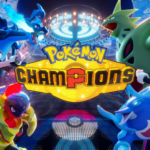 Illustrazione ufficiale di Pokémon Champions che mostra il logo centrale, due allenatori e vari Pokémon come Charizard X, Tyranitar e Palafin in un'arena futuristica.
