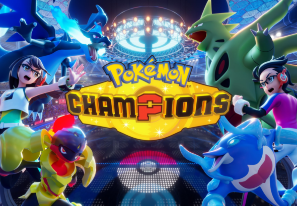 Illustrazione ufficiale di Pokémon Champions che mostra il logo centrale, due allenatori e vari Pokémon come Charizard X, Tyranitar e Palafin in un'arena futuristica.