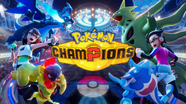 Illustrazione ufficiale di Pokémon Champions che mostra il logo centrale, due allenatori e vari Pokémon come Charizard X, Tyranitar e Palafin in un'arena futuristica.