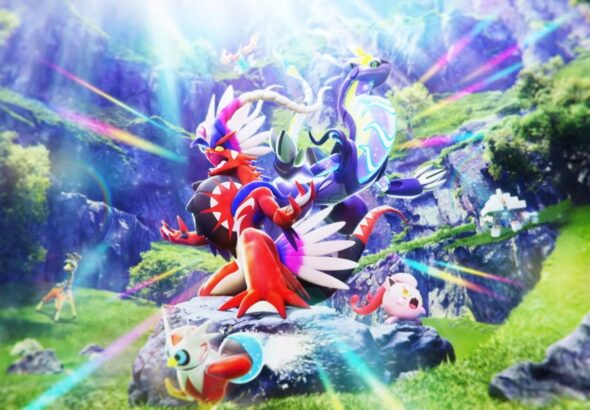Illustrazione ufficiale dell'espansione Assalto dei Paradossi per GCC Pokémon Pocket, con Koraidon e Miraidon in un paesaggio naturale illuminato da squarci di luce colorata.