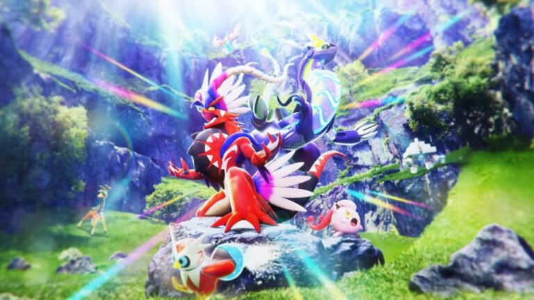 Illustrazione ufficiale dell'espansione Assalto dei Paradossi per GCC Pokémon Pocket, con Koraidon e Miraidon in un paesaggio naturale illuminato da squarci di luce colorata.