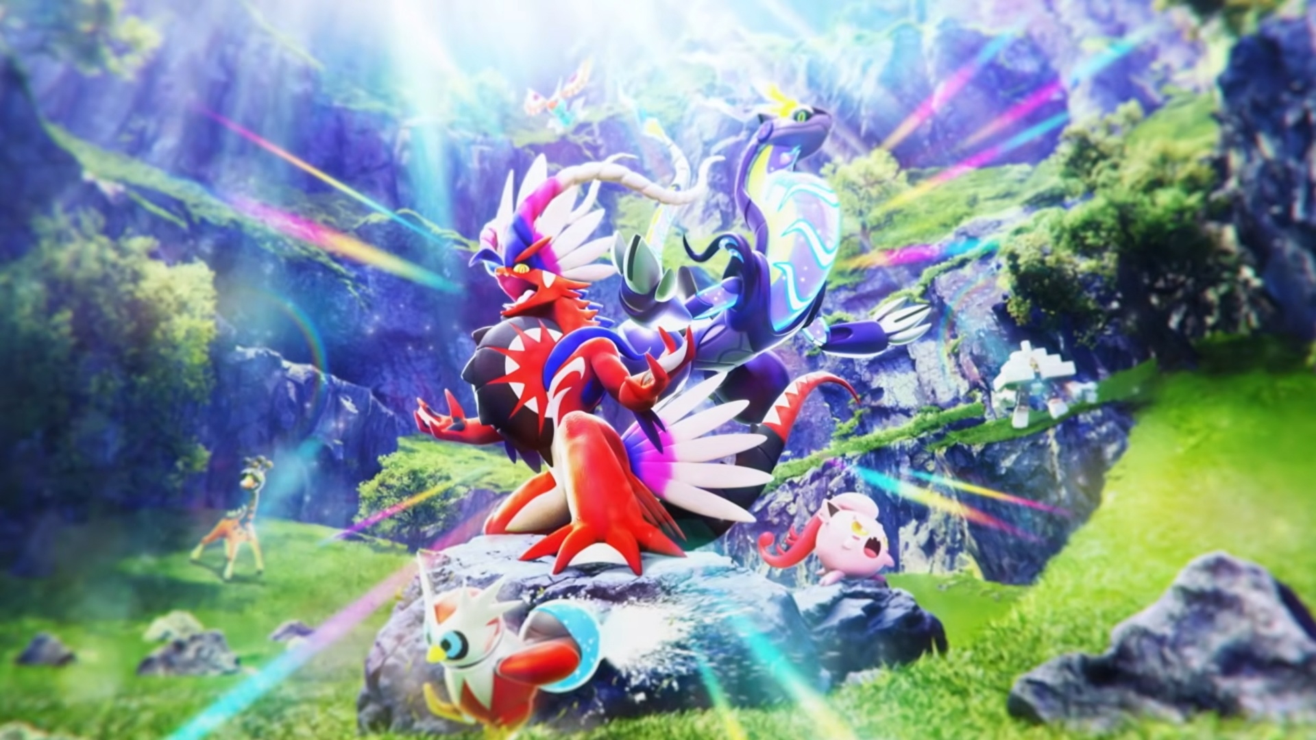 Illustrazione ufficiale dell'espansione Assalto dei Paradossi per GCC Pokémon Pocket, con Koraidon e Miraidon in un paesaggio naturale illuminato da squarci di luce colorata.