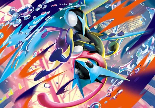 Illustrazione speciale di Mega Greninja-ex in posa dinamica mentre genera vortici d'acqua e lame d'energia cinetica sullo sfondo urbano di Luminopoli.