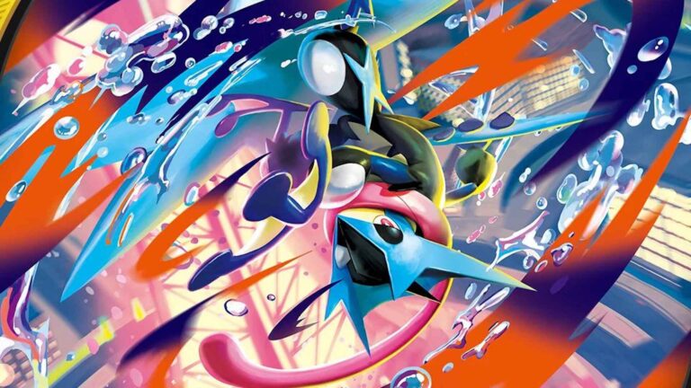 Illustrazione speciale di Mega Greninja-ex in posa dinamica mentre genera vortici d'acqua e lame d'energia cinetica sullo sfondo urbano di Luminopoli.