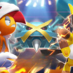 Illustrazione di MegaScrafty, MegaMetagross e MegaRaichu X schierati fianco a fianco in un'arena di lotta, con MegaRaichu X in primo piano mentre scarica energia elettrica dal pugno.