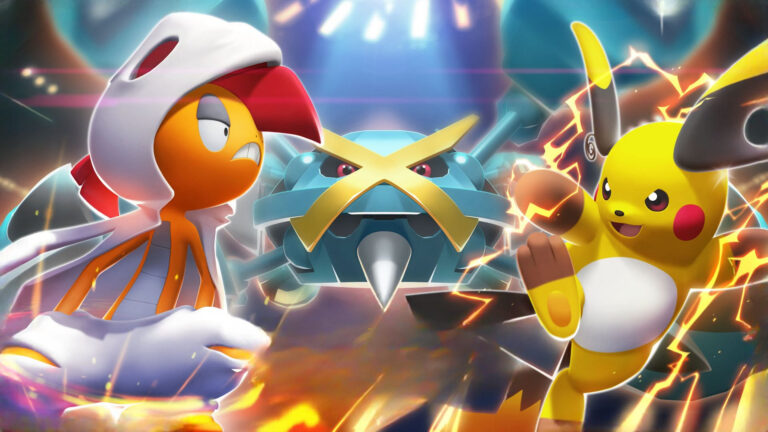 Illustrazione di MegaScrafty, MegaMetagross e MegaRaichu X schierati fianco a fianco in un'arena di lotta, con MegaRaichu X in primo piano mentre scarica energia elettrica dal pugno.