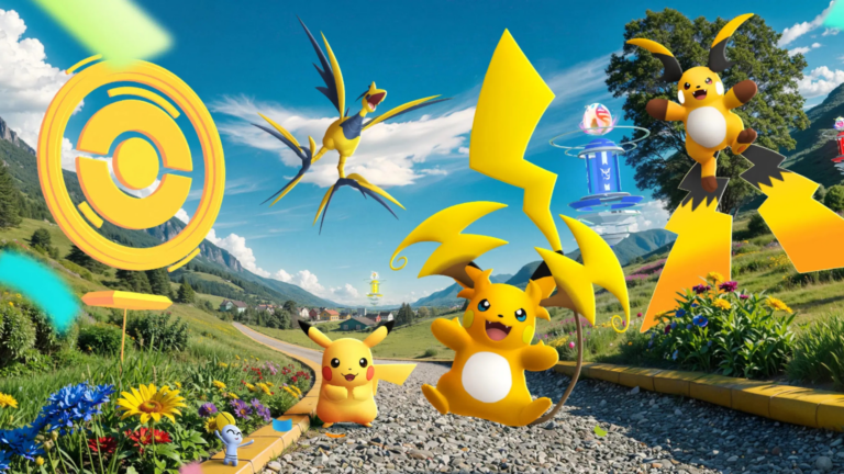 Illustrazione ufficiale di Pokémon GO per la stagione 'Avanti insieme', con modelli 3D di Pikachu, Raichu di Alola fluttuante, Raichu standard saltante, Aerodactyl in volo e Gimmighoul Forma Ambulante su un sentiero rurale di montagna fiorito. Sullo sfondo, un PokéStop dorato, un PokéStop blu, un fulmine stilizzato e un villaggio.