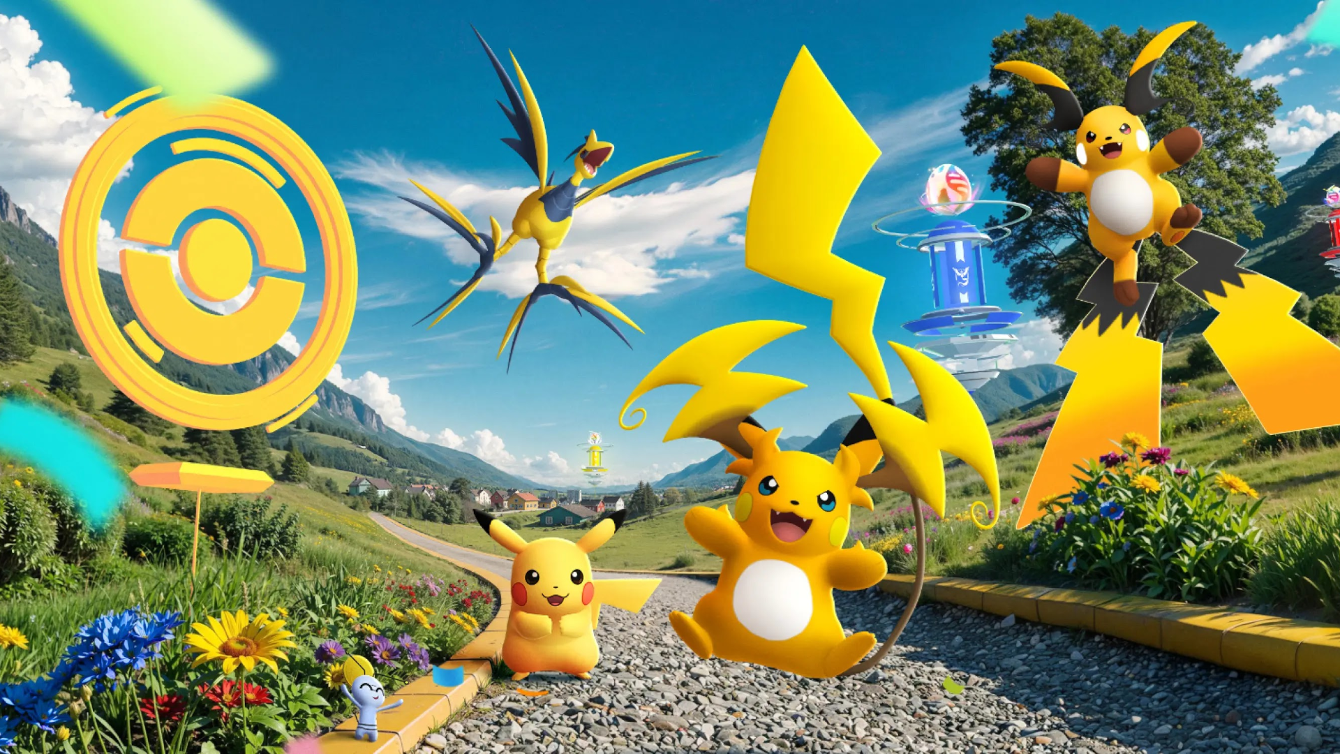 Illustrazione ufficiale di Pokémon GO per la stagione 'Avanti insieme', con modelli 3D di Pikachu, Raichu di Alola fluttuante, Raichu standard saltante, Aerodactyl in volo e Gimmighoul Forma Ambulante su un sentiero rurale di montagna fiorito. Sullo sfondo, un PokéStop dorato, un PokéStop blu, un fulmine stilizzato e un villaggio.